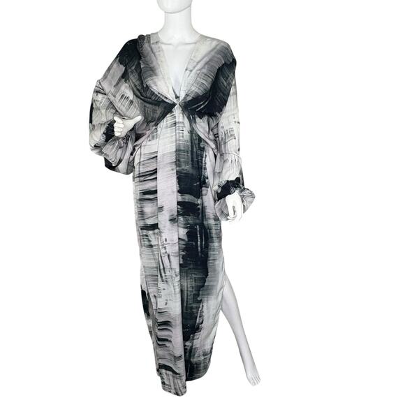 ASOS Maxi Dress Deep V-neck Batwing Sleeve Abstract Gray Black Lavender Size 10 - Picture 1 of 9